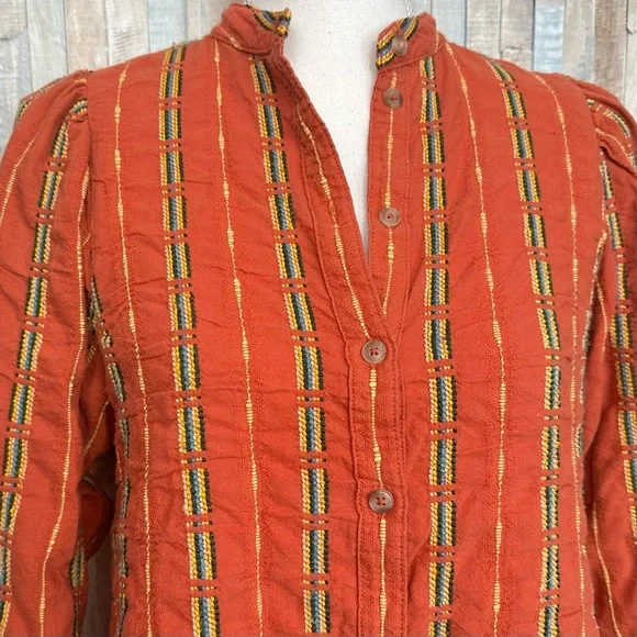 Anthropologie XS Pilcro The Bella Femme Buttondown Shirt Top Embroidered Orange - Picture 6 of 11